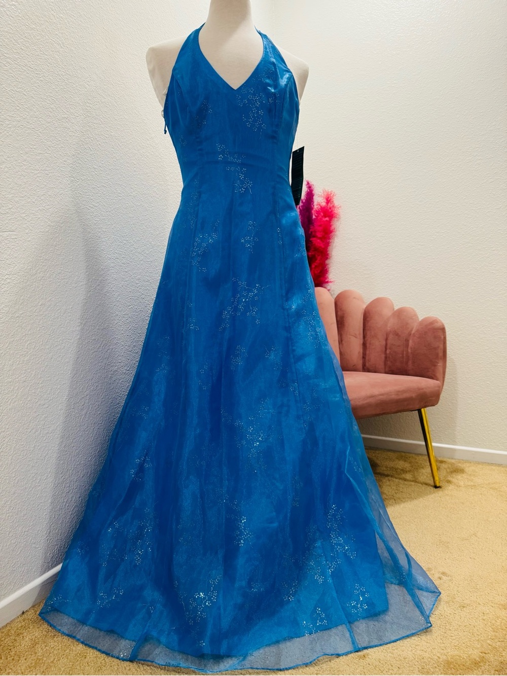 Blondie Nites Elegant Blue Halter Evening Gown